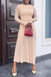 Formal O Neck Long Sleeve Party Evening Pleated Ruched Bodycon Maxi Dress