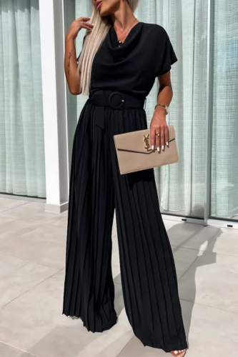 Formal Short Sleeve With Belt Pile Heap Collar Loose Party Evening Office Lady Pleated Wide Leg Jumpsuits