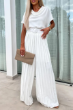 Formal Short Sleeve With Belt Pile Heap Collar Loose Party Evening Office Lady Pleated Wide Leg Jumpsuits
