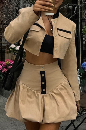 Formal O Neck Long Sleeve Buttons Crop Jackets And Bubble Hem Mini Skirt Party Evening Office Lady Two Pieces Dress Sets