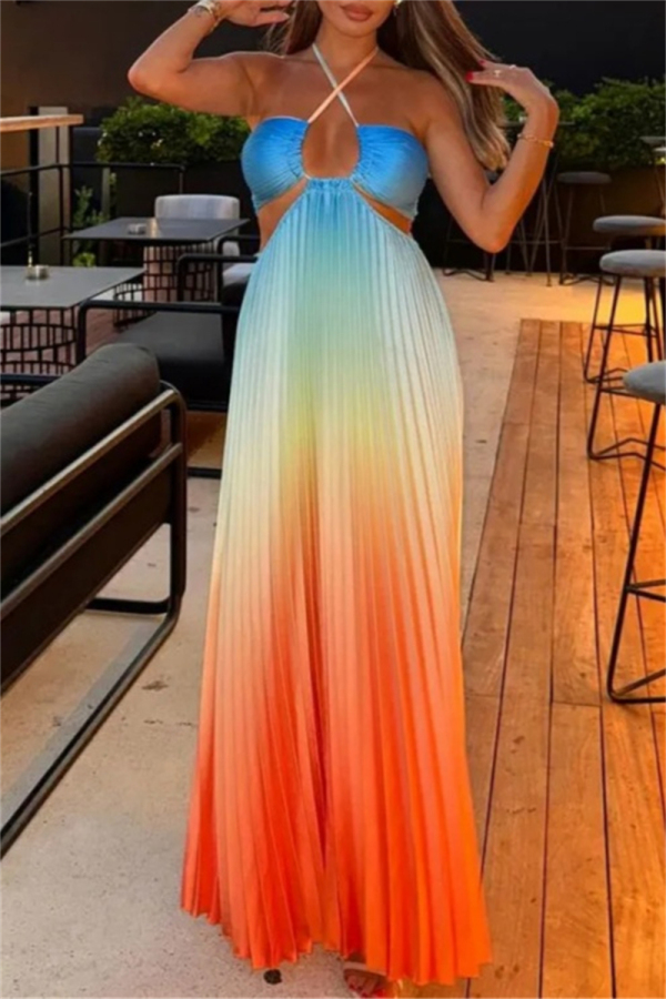 Gradient Print Sleeveless Backless Belted Vacation Long Halter Pleated Maxi Slip Summer Dresses