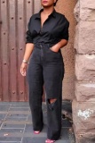 Casual High Waist Ripped Straight Leg Ripped Denim Jeans