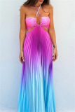 Gradient Print Sleeveless Backless Belted Vacation Long Halter Pleated Maxi Slip Summer Dresses