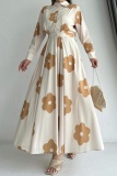 Floral Print Turndown Collar Long Sleeve Buttons Formal Party Evening Pleated Maxi Shirt Dresses