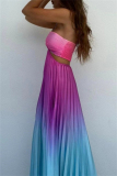 Gradient Print Sleeveless Backless Belted Vacation Long Halter Pleated Maxi Slip Summer Dresses