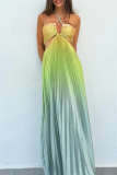 Gradient Print Sleeveless Backless Belted Vacation Long Halter Pleated Maxi Slip Summer Dresses