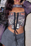 Street Graphics Print Hollow Out Cross Straps O Neck Long Sleeve Crop Tops