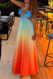 Gradient Print Sleeveless Backless Belted Vacation Long Halter Pleated Maxi Slip Summer Dresses