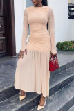 Formal O Neck Long Sleeve Party Evening Pleated Ruched Bodycon Maxi Dress