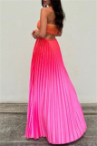 Gradient Print Sleeveless Backless Belted Vacation Long Halter Pleated Maxi Slip Summer Dresses