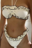 Backless SleevelessRuffle Trim Bra And Mini Shorts Bikini Sets Beach Vacation Swimwears