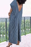 Casual Stripe Print Backless V Neck Short Sleeve Plus Size Straight Leg Loose Maxi Dresses