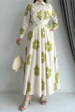 Floral Print Turndown Collar Long Sleeve Buttons Formal Party Evening Pleated Maxi Shirt Dresses