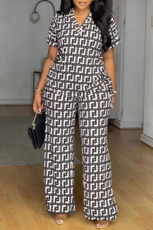 Casual Plaid Print V Neck Short Sleeve Blouse And Wide Leg Pants Slit Vacation Two Pieces Trouser Sets