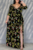 Graphics Print V Neck Half Sleeve Lace Up Slit Floor Length Belted Long Vacation Plus Size A Line Maxi Dress