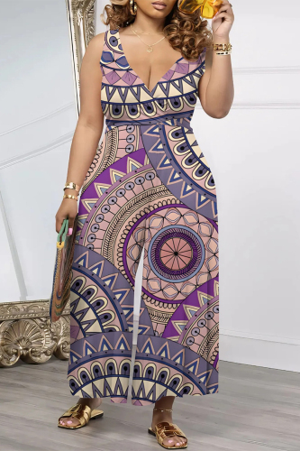 Casual Geometric Print Pocket V Neck Loose Vacation Wide Leg Tank Jumpsuits
