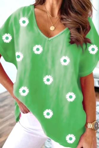 Casual Floral Print V Neck Short Sleeve Plus Size Oversize Graphics T-shirt