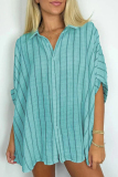Casual Stripe Print Turndown Collar Short Sleeve Buttons Loose Vacation Blouse