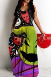 Halloween Pumpkin Bat Print Backless Spaghetti Strap Floor Length Baggy Slip Maxi Dress
