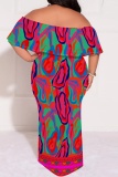 Casual Graphics Print Off Shoulder Flutter Sleeve Long Loose Vacation Plus Size Boho Maxi Dresses