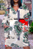 Casual Graphics Print Basic V Neck Long Sleeve Loose Pockets Straight Midi T-Shirt Dress