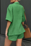 Casual Plaid Turndown Collar Short Sleeve Pocket Buckle Blouse And Shorts Vacation Two Pieces Shorts Sets