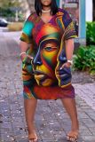 Casual Graphics Print Basic V Neck Short Sleeve Loose Pockets Midi T-Shirt Dress