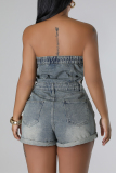 Sleeveless Strapless Zipper Pocket Buckle Skinny Denim Tube Tops Romper One Piece Bodysuit