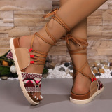 Casual Geometric Pattern Strap Design Open Toe Platform Wedge Sandals