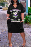 Casual Skull Head  Print Basic V Neck Short Sleeve Loose Pockets Midi T-Shirt Dress