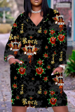 Halloween Skull Flower Print V Neck Long Sleeve Loose Pockets Straight Midi T-Shirt Dress