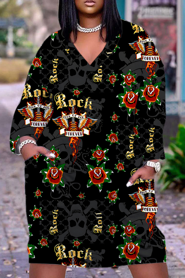 Halloween Skull Flower Print V Neck Long Sleeve Loose Pockets Straight Midi T-Shirt Dress