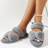 Pear Decor Double Strap Fuzzy Fluffy Buckle Open Toe Fur Flat Slippers