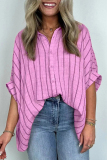 Casual Stripe Print Turndown Collar Short Sleeve Buttons Loose Vacation Blouse