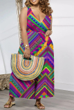 Casual Geometric Print Pocket V Neck Loose Vacation Wide Leg Tank Jumpsuits