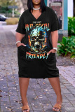 Casual Skull Head  Print Basic V Neck Short Sleeve Loose Pockets Midi T-Shirt Dress