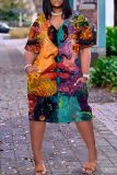 Casual Graphics Print Basic V Neck Short Sleeve Loose Pockets Midi T-Shirt Dress