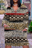 Casual Graphics Print Basic V Neck Long Sleeve Loose Pockets Straight Midi T-Shirt Dress