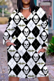 Halloween Skull Flower Print V Neck Long Sleeve Loose Pockets Straight Midi T-Shirt Dress