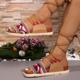 Casual Geometric Pattern Strap Design Open Toe Platform Wedge Sandals