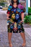 Casual Graphics Print Basic V Neck Short Sleeve Loose Pockets Midi T-Shirt Dress