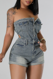 Sleeveless Strapless Zipper Pocket Buckle Skinny Denim Tube Tops Romper One Piece Bodysuit