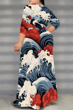 Graphics Print V Neck Half Sleeve Lace Up Slit Floor Length Belted Long Vacation Plus Size A Line Maxi Dress