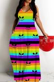 Halloween Pumpkin Bat Print Backless Spaghetti Strap Floor Length Baggy Slip Maxi Dress