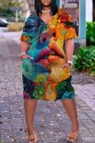 Casual Graphics Print Basic V Neck Short Sleeve Loose Pockets Midi T-Shirt Dress