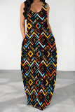 Sexy Geometry Print Backless Spaghetti Strap Floor Length Vacation Baggy Sundress Maxi Tank Dress