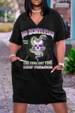 Casual Skull Head  Print Basic V Neck Short Sleeve Loose Pockets Midi T-Shirt Dress
