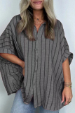Casual Stripe Print Turndown Collar Short Sleeve Buttons Loose Vacation Blouse