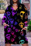 Halloween Skull Flower Print V Neck Long Sleeve Loose Pockets Straight Midi T-Shirt Dress