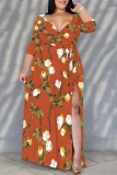 Graphics Print V Neck Half Sleeve Lace Up Slit Floor Length Belted Long Vacation Plus Size A Line Maxi Dress